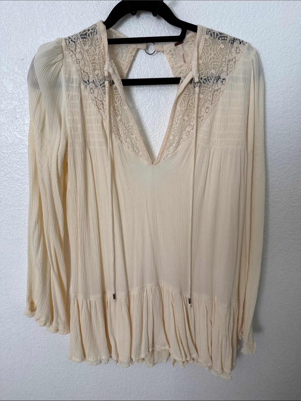 Free People Cream Lace-Trim Long Sleeve Peasant Top